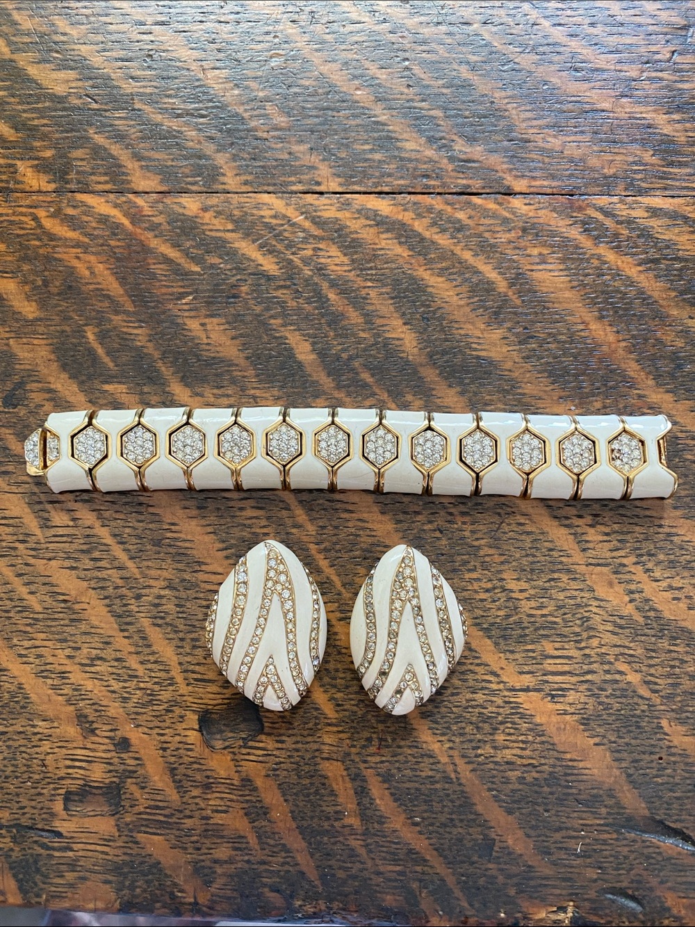 White and Gold Enamel Bracelet and Earring Set - Women's Fashion Jewelry
